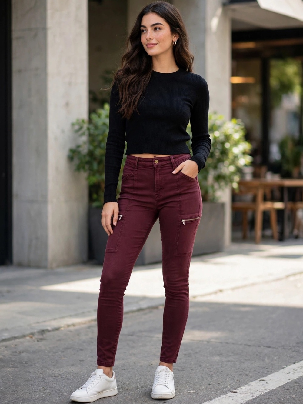 Pistola Bobbi Utility Pant Womens 30 Maroon Burgundy Skinny Cargo Zip